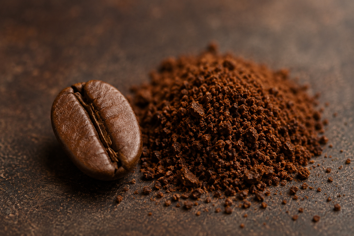 A whole roasted coffee bean next to a small pile of finely ground coffee powder on a dark textured surface.