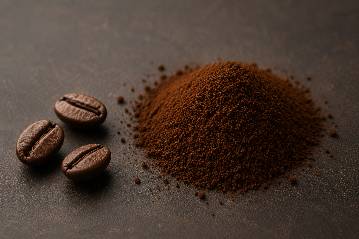 A pile of dark brown ground coffee next to three whole roasted coffee beans on a dark textured surface.