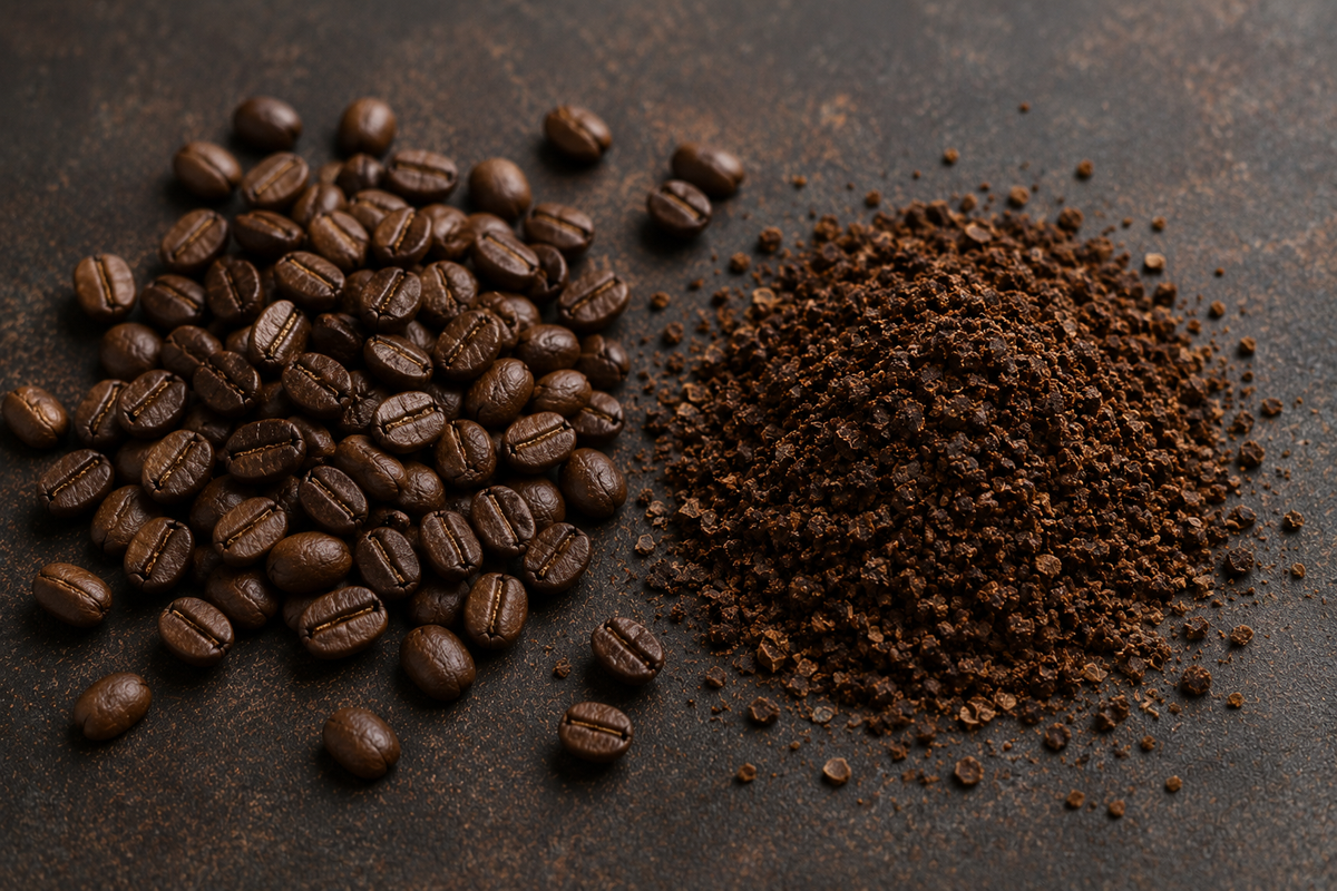 A pile of whole roasted coffee beans next to a mound of finely ground coffee on a dark textured surface.