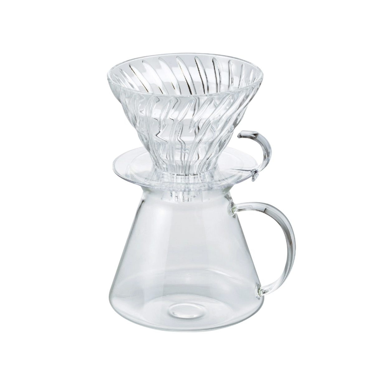 Clear glass pour-over coffee maker with a conical dripper, glass filter collar, and tapered carafe with a handle, shown on a white background.
