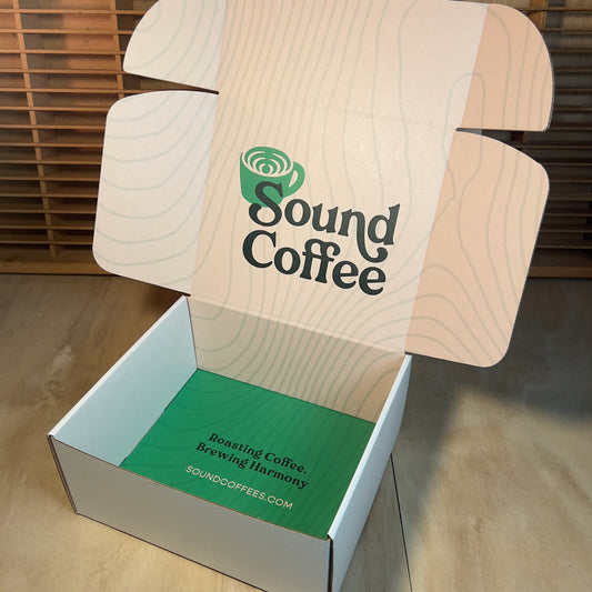 Open Sound Coffee gift box with branded packaging