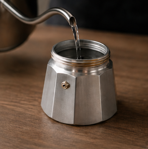 A silver aluminum moka pot sits on a wooden table with hot water being poured into it from a black gooseneck kettle.