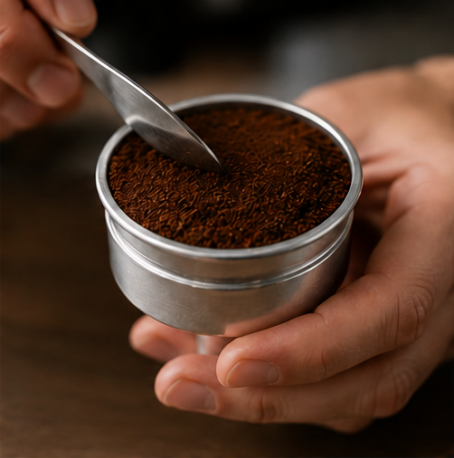 A close-up of a person holding a small round metal container filled with dark brown coffee grounds, with a spoon resting inside. The background is a softly blurred warm brown surface.