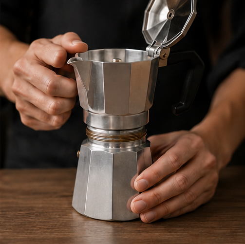 A close-up of a person holding a silver aluminum moka pot with its lid open, standing on a wooden surface.