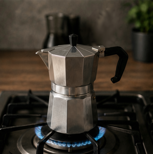 A stainless steel moka pot with a black handle sits on a lit blue gas stove burner in a kitchen setting.
