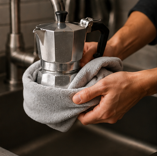 A close-up of a person's hands holding a gray microfiber cloth around the base of a silver aluminum moka pot under a faucet in a kitchen sink.