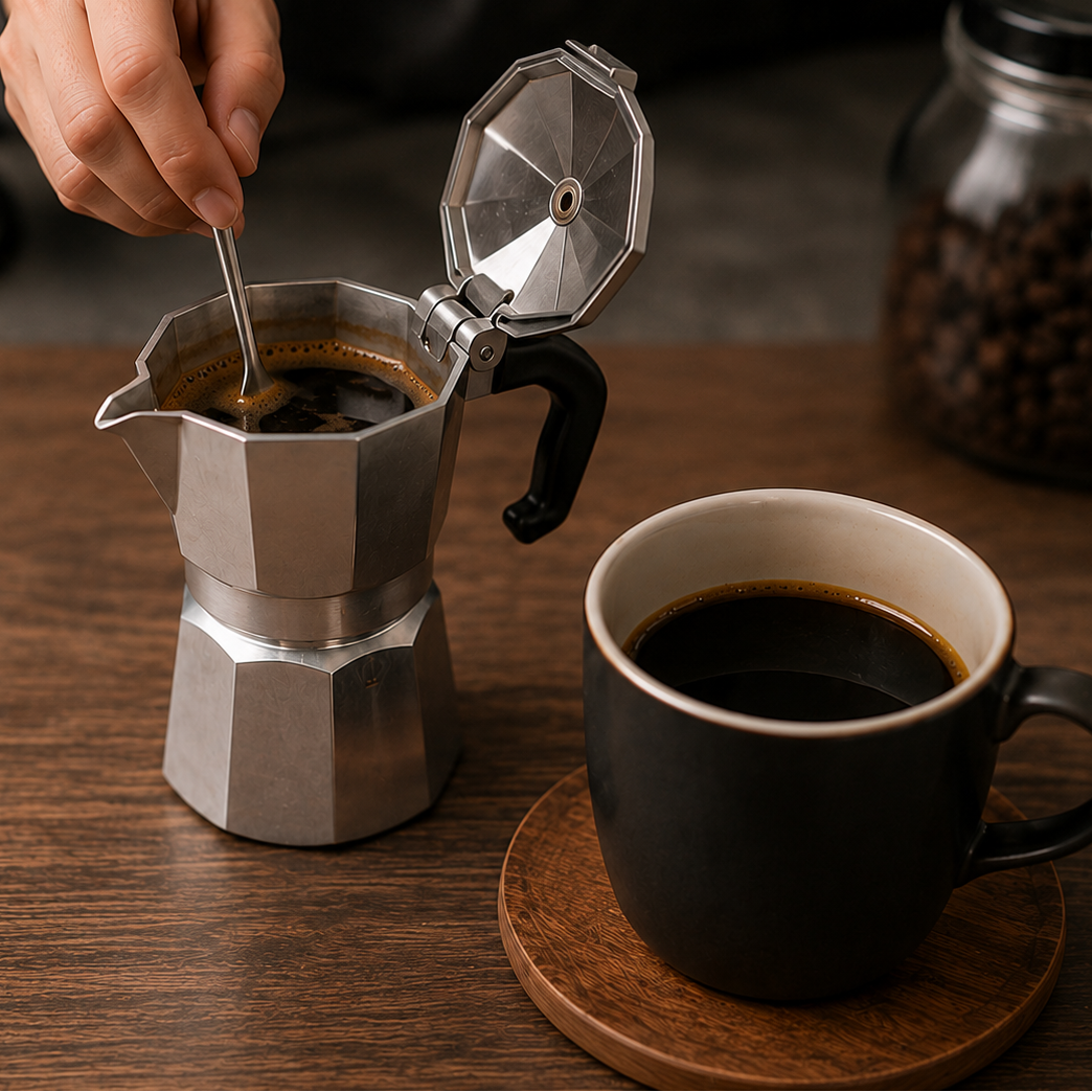 A person's hand stirs coffee inside a silver aluminum moka pot on a wooden table, next to a black ceramic mug filled with black coffee on a wooden coaster. A glass jar of coffee beans is blurred in the background.