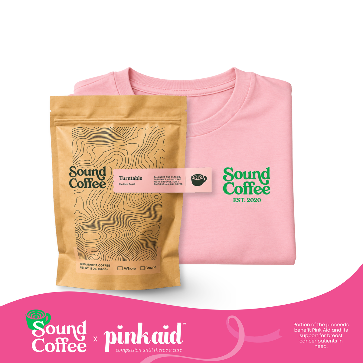 A folded light pink t-shirt with a green and white Sound Coffee logo, displayed next to a gold-colored Sound Coffee Tasterable Coffee Bag on a white background, with a pink and white Sound Coffee x pinkaid banner at the bottom.