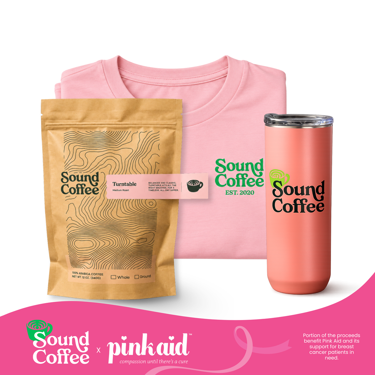 A Sound Coffee x Pinkaid collaboration gift set featuring a light pink t-shirt, a pinkaid-branded travel tumbler, and a bag of Sound Coffee Roast. The products are arranged against a white background with a pink banner at the bottom displaying the collaboration logos.