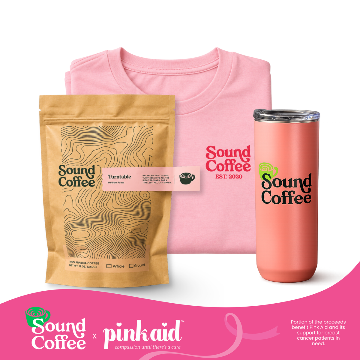 A Sound Coffee x Pinkaid collaboration bundle featuring a pink crewneck t-shirt, a gold coffee bag labeled 'Sound Coffee Turntable', and a coral pink insulated travel tumbler with a silver lid, all displayed on a white background with a pink brand banner at the bottom.