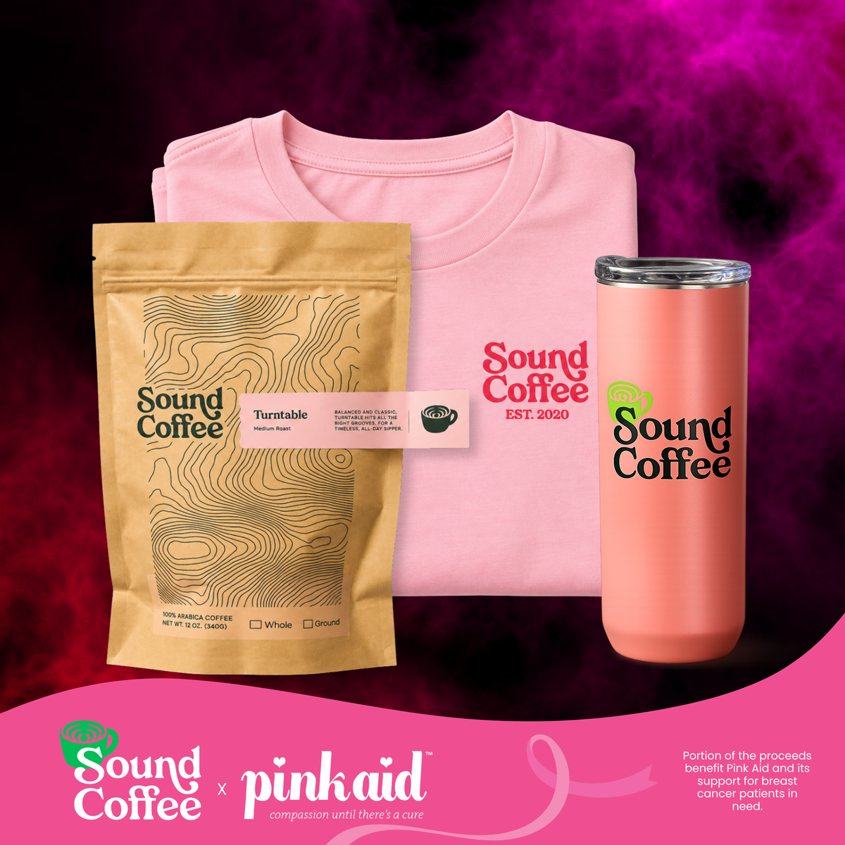A coordinated Sound Coffee x pinkaid gift set featuring a folded light pink t-shirt, a gold stand-up coffee pouch, and a coral pink insulated tumbler, arranged together on a dark pink and purple gradient background with a pink banner at the bottom.