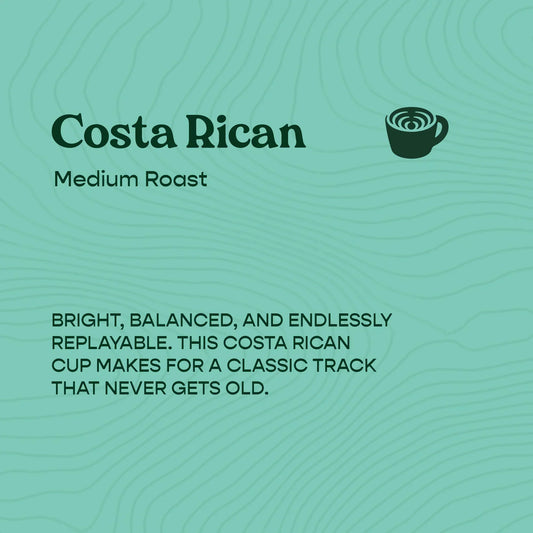 Costa Rican medium roast coffee description on green background, Sound Coffee branding