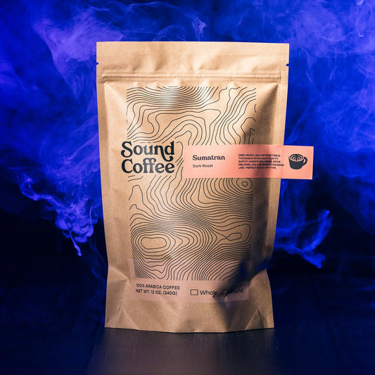 Sound Coffee Sumatran dark roast bag with topographic design, blue smoky background