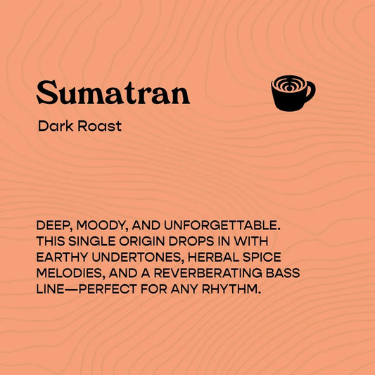 Sumatran dark roast coffee description panel with latte art icon and orange background, Sound Coffee.