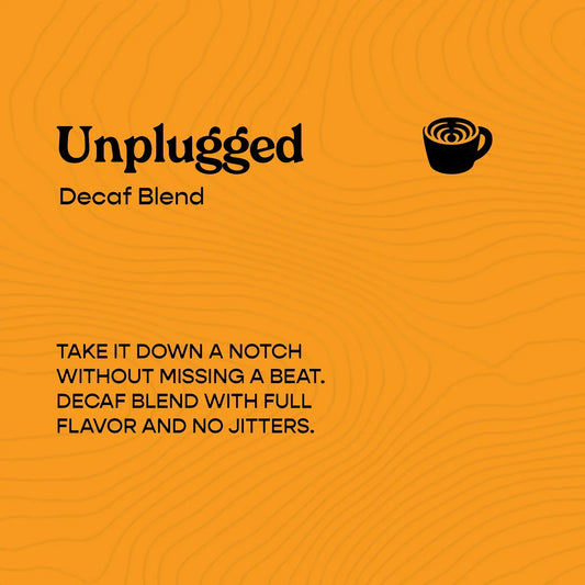 Unplugged decaf coffee blend label, orange background, Sound Coffee Bridgeport CT