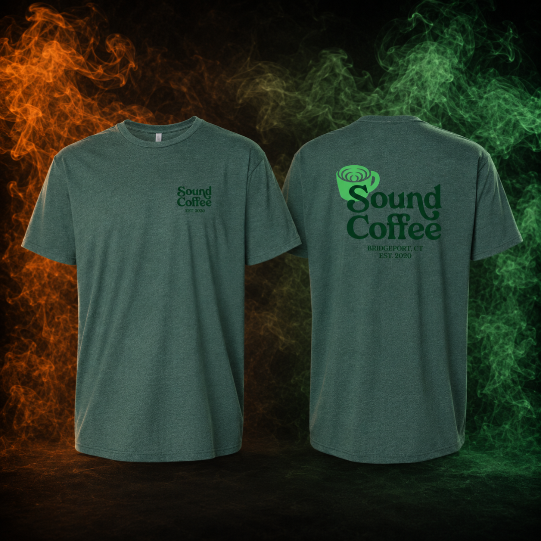 Sound Coffee Green Shirt in a black smokey background
