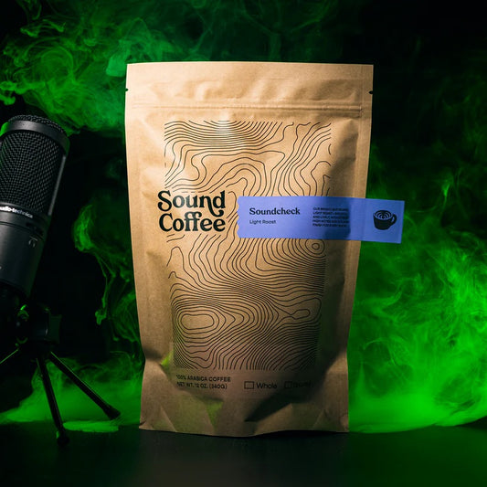 Soundcheck light roast coffee by Sound Coffee on a dark background