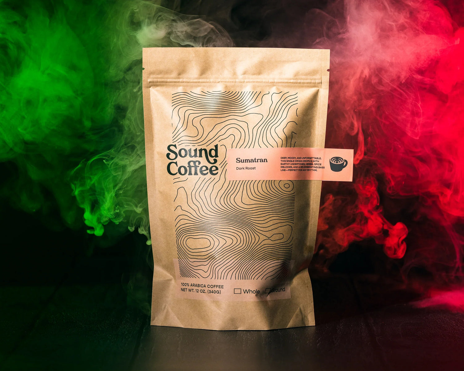Sound Coffee Sumatra dark roast coffee beans bag with green and red smoke background