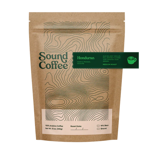 Sound Coffee Honduran medium roast 12oz coffee beans in brown bag with green map design